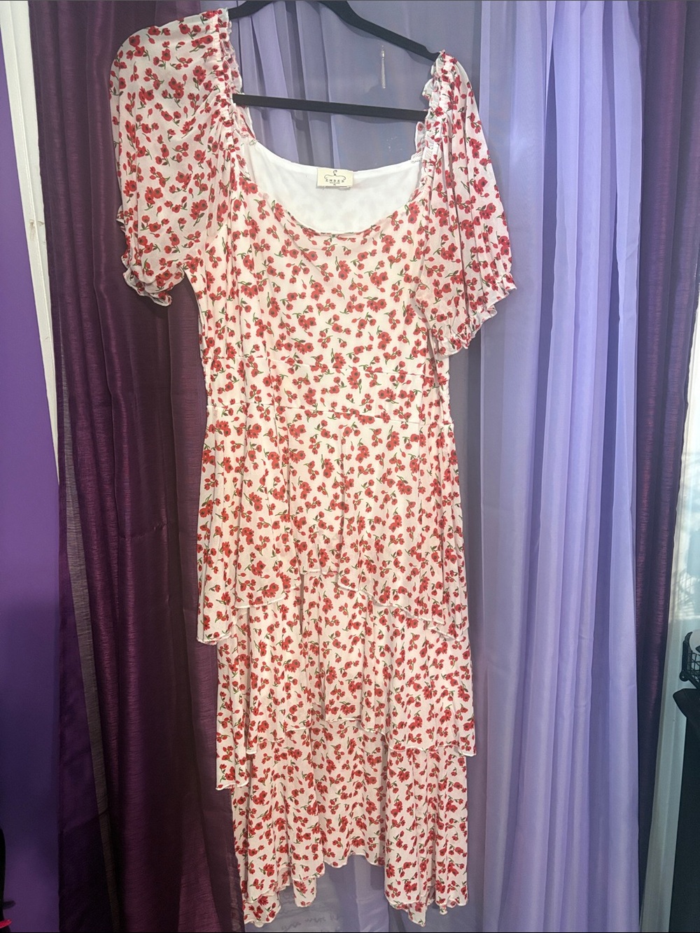 Floral Tiered Midi Dress in Red Cherry blossom Print